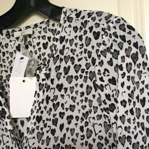 Joie Silk Blouse Womens Extra Small Black V Neck Long Sleeve White Purine Hearts - Picture 3 of 6